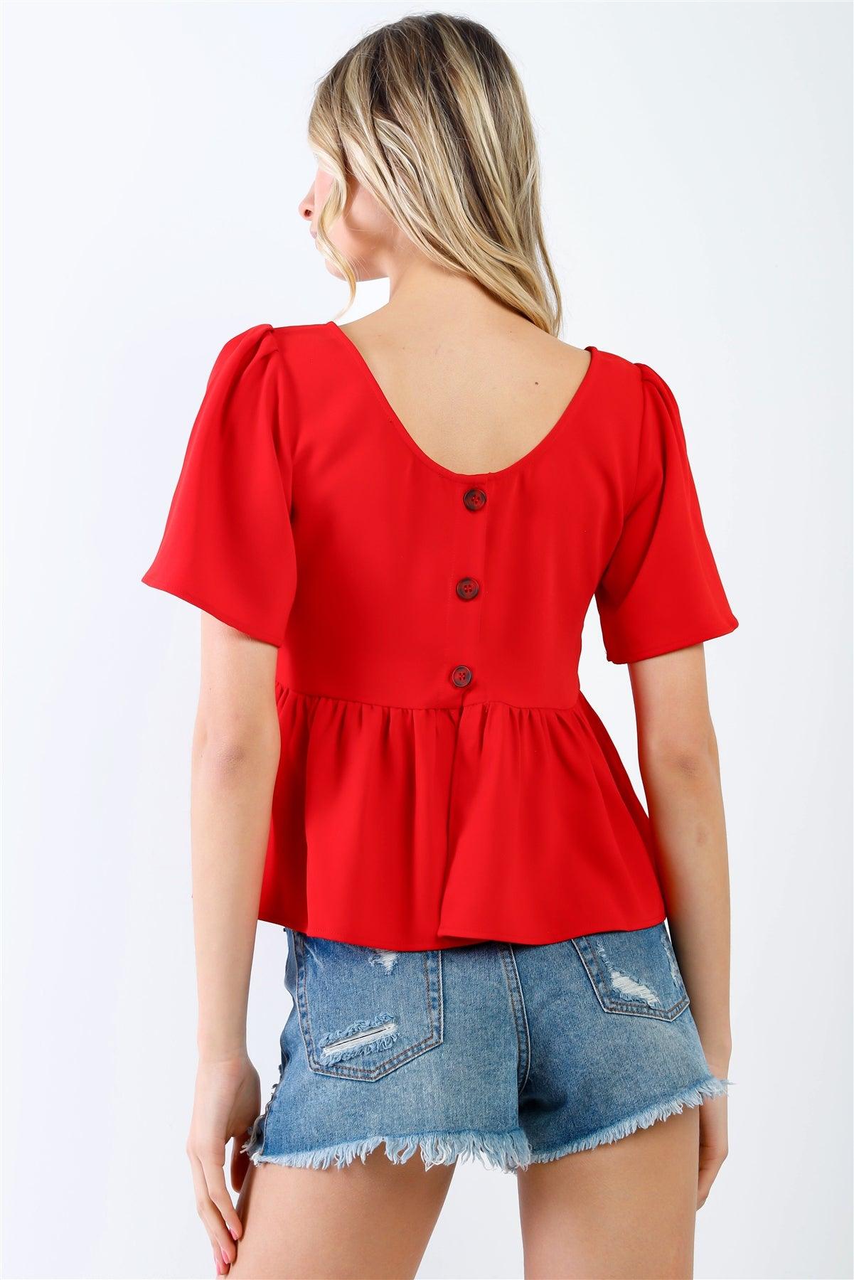 Red Flare Sleeve & Hem Back Button Up Detail Top /1-2-2-1