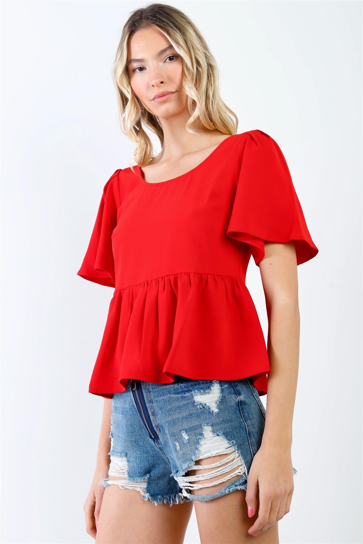 Red Flare Sleeve & Hem Back Button Up Detail Top /1-2-2-1