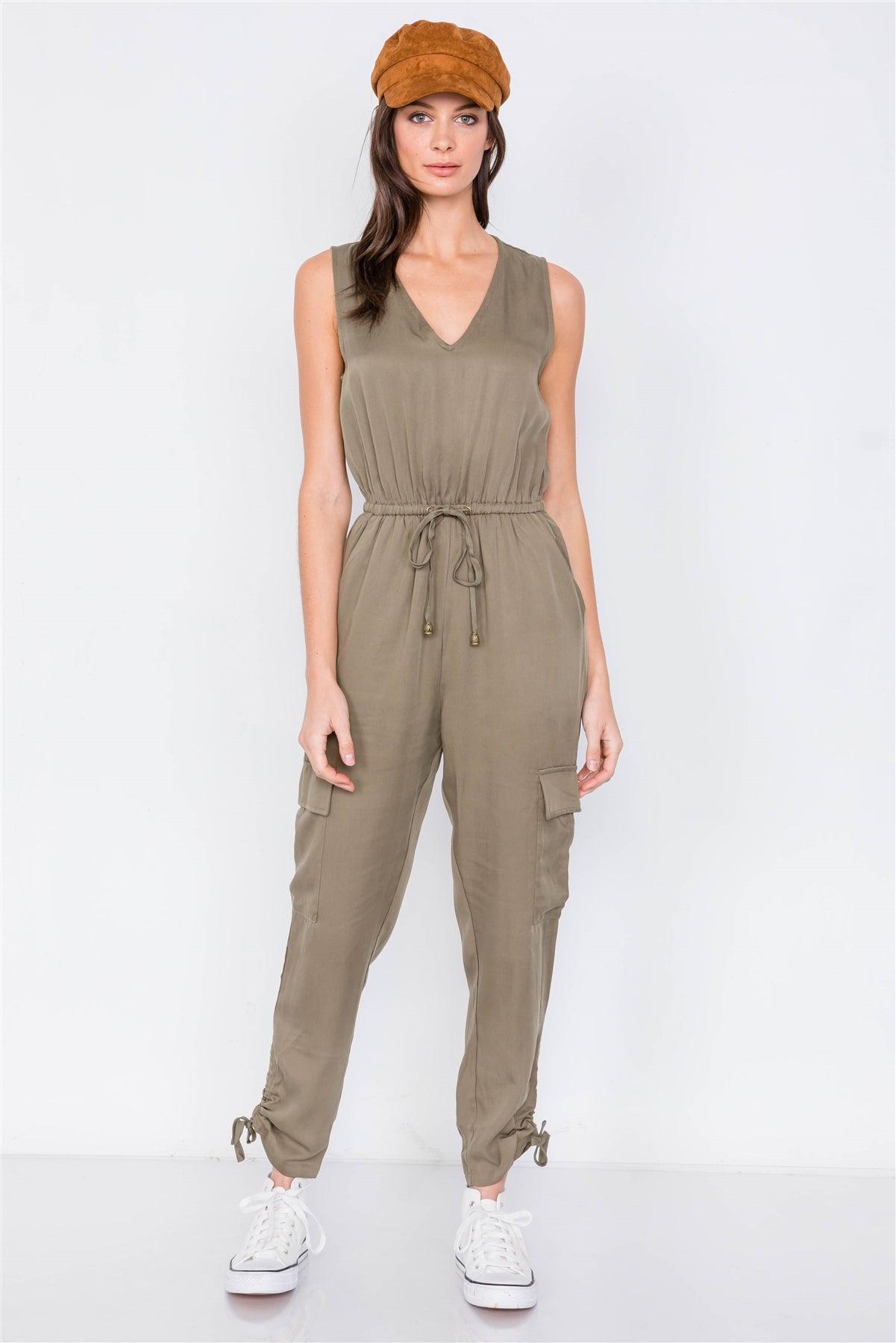 Olive Cargo Cinched Ankle Pant V-Neck Jumpsuit /2-2-2