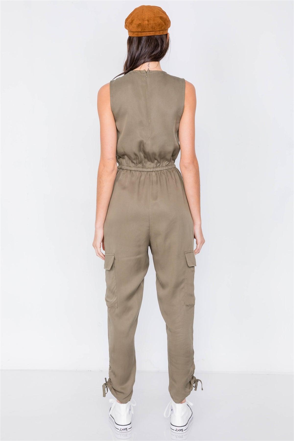 Olive Cargo Cinched Ankle Pant V-Neck Jumpsuit /2-2-2