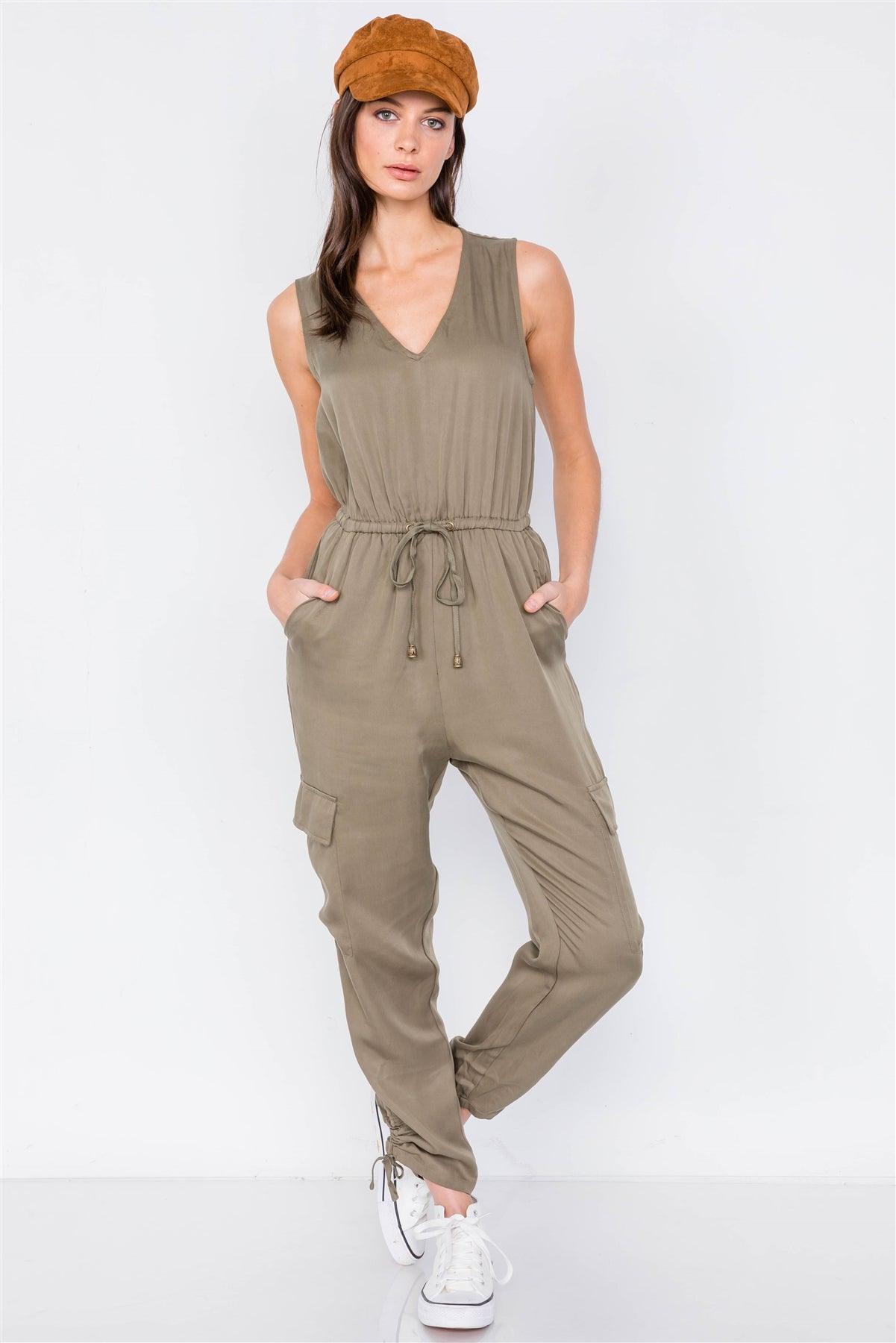 Olive Cargo Cinched Ankle Pant V-Neck Jumpsuit /2-2-2