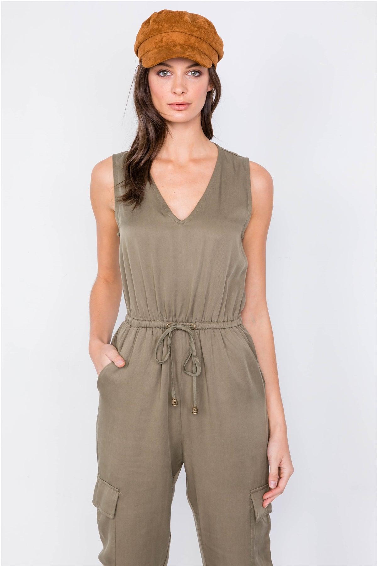 Olive Cargo Cinched Ankle Pant V-Neck Jumpsuit /3-3