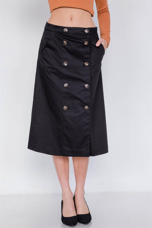 Black Double Button Cotton A-Line Midi Skirt /2-2-2