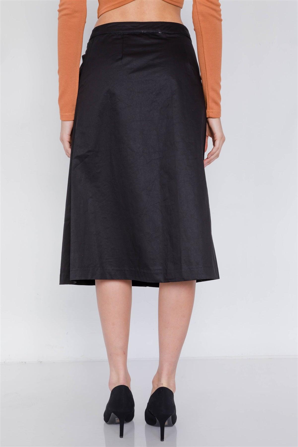 Black Double Button Cotton A-Line Midi Skirt /2-2-2