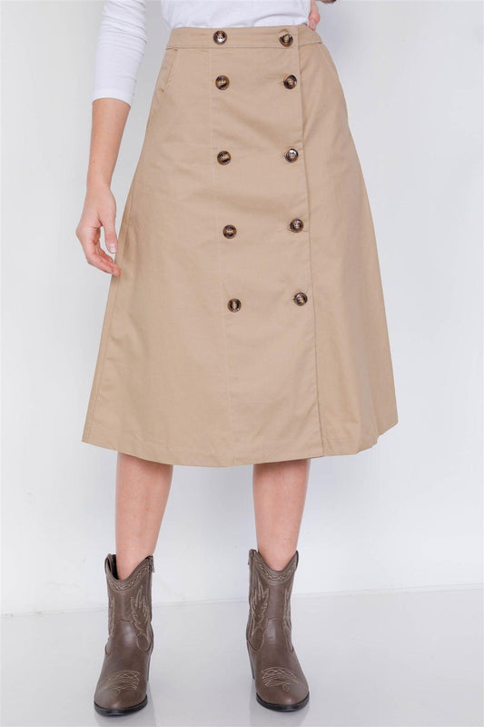 Taupe Double Button Cotton A-Line Midi Skirt /2-2-2