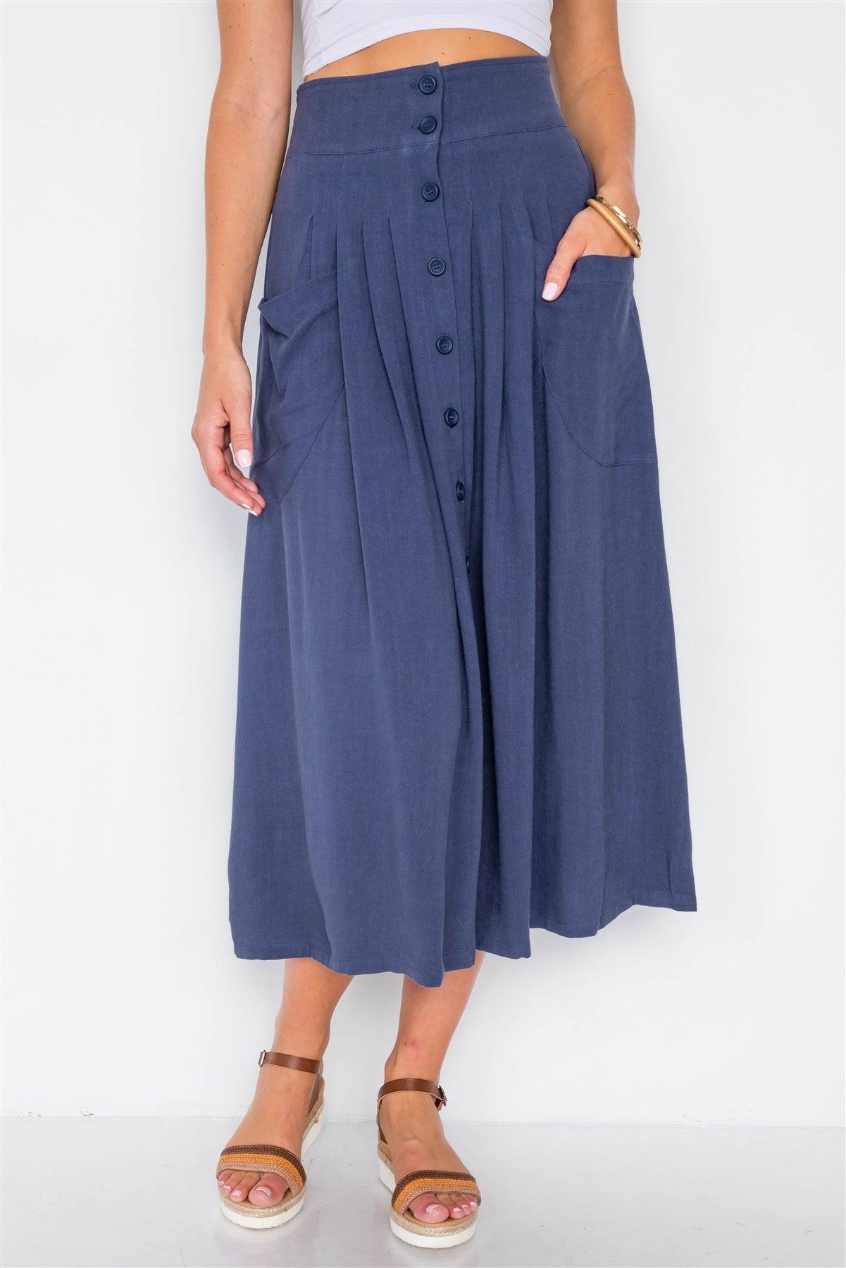 Navy High-Waisted Flare Pleated Midi Skirt /2-2-2