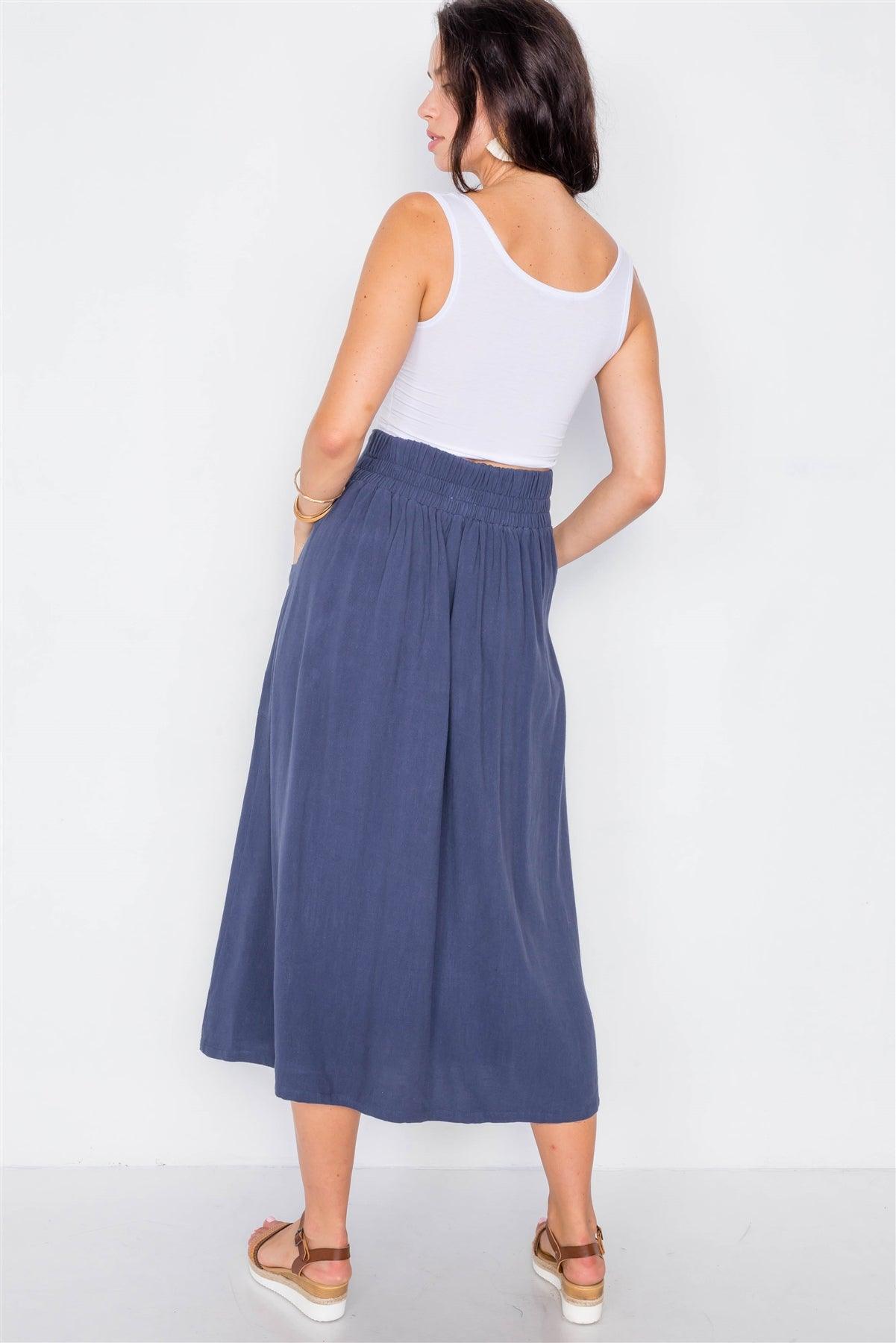 Navy High-Waisted Flare Pleated Midi Skirt /2-2-2