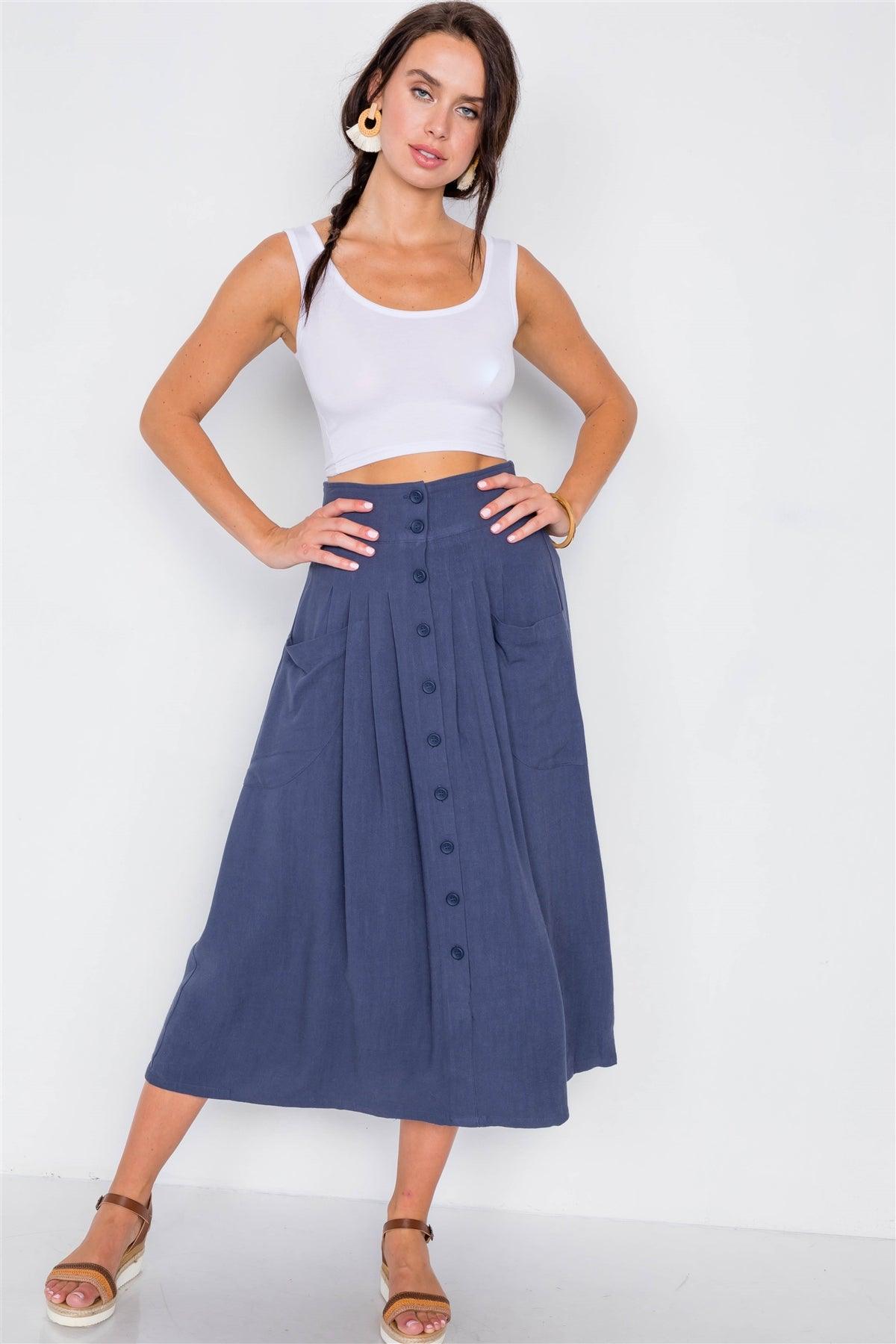 Navy High-Waisted Flare Pleated Midi Skirt /2-2-2