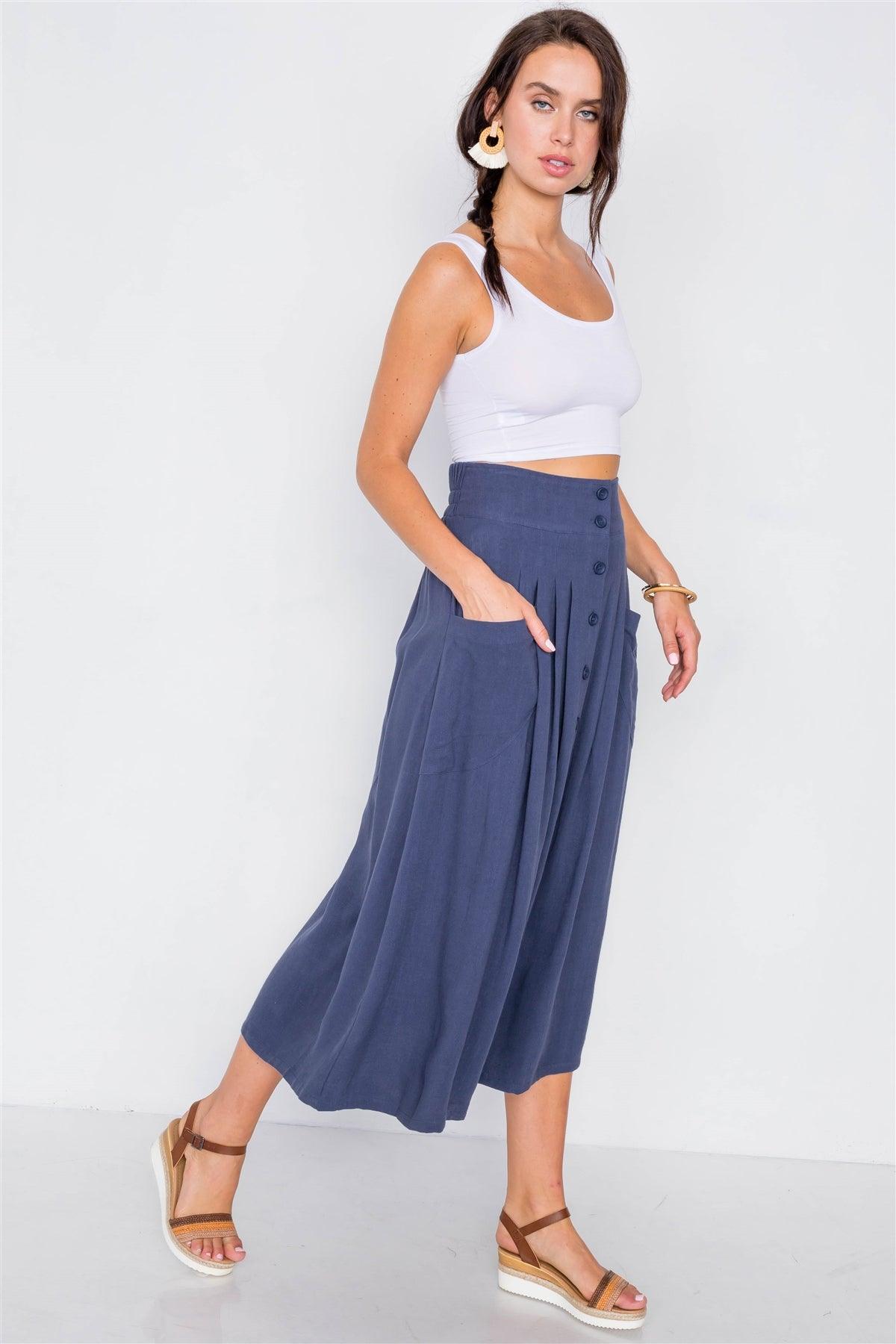 Navy High-Waisted Flare Pleated Midi Skirt /2-2-2