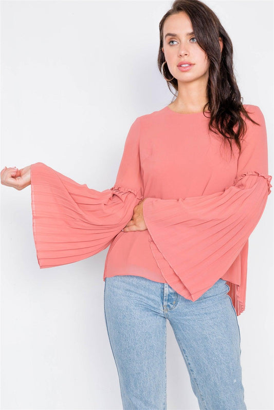 Mauve Pleated Semi-Sheer High-Low Chiffon Blouse /2-2-2