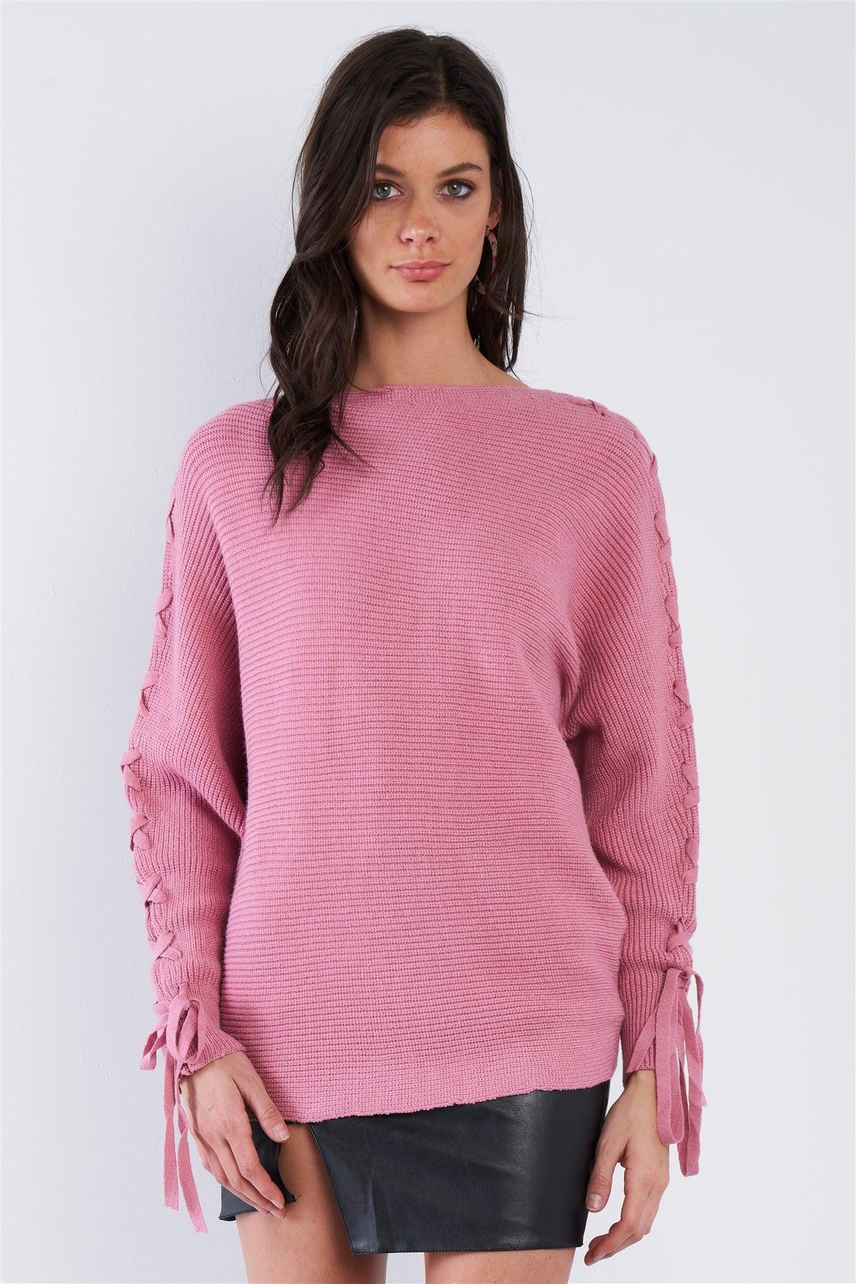 Mauve Pink Lace Up Drop Shoulder Relaxed Fit Knit Sweater /2-2-2