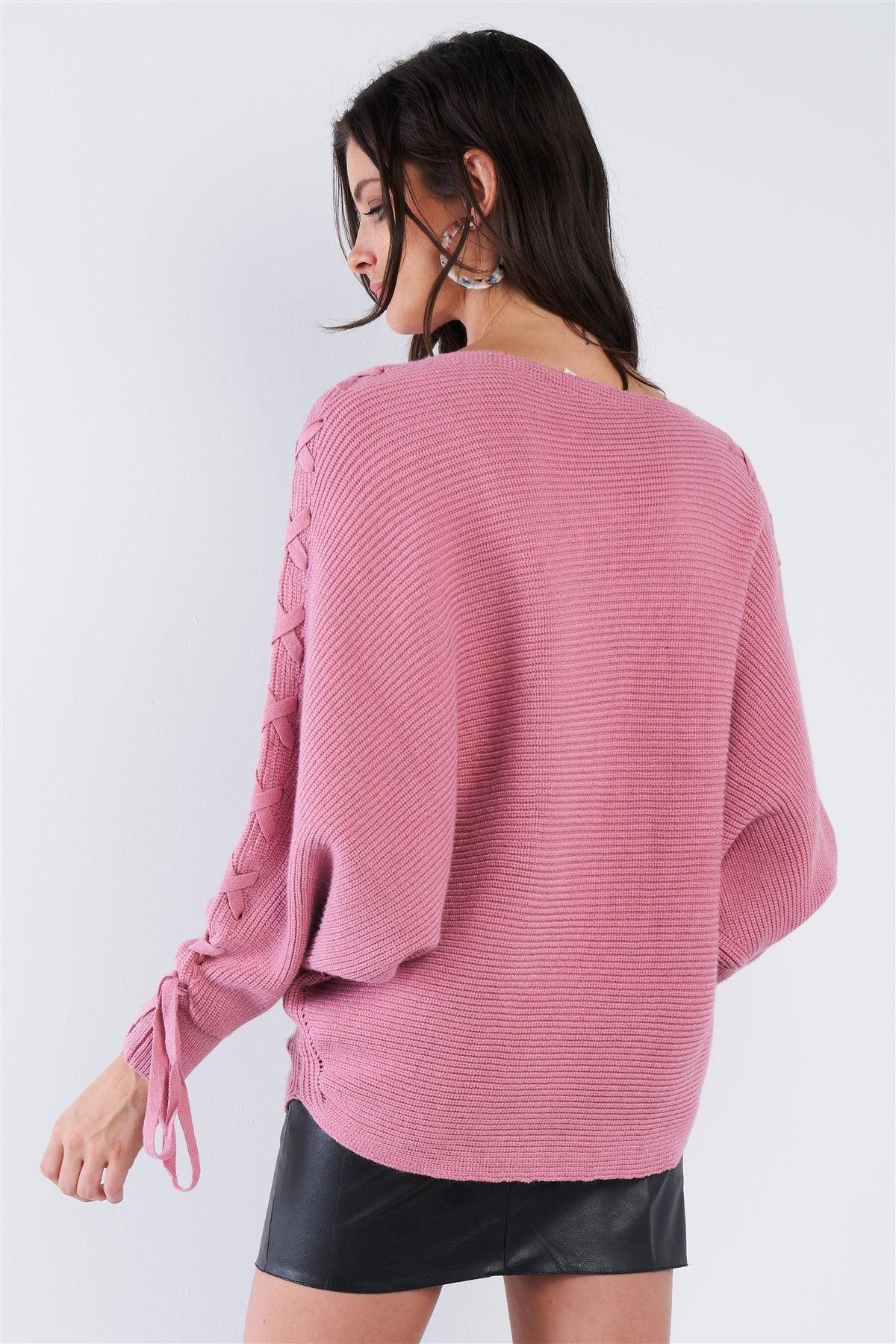 Mauve Pink Lace Up Drop Shoulder Relaxed Fit Knit Sweater /2-2-2