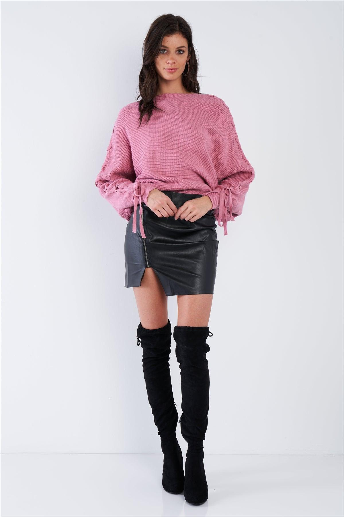 Mauve Pink Lace Up Drop Shoulder Relaxed Fit Knit Sweater /2-2-2