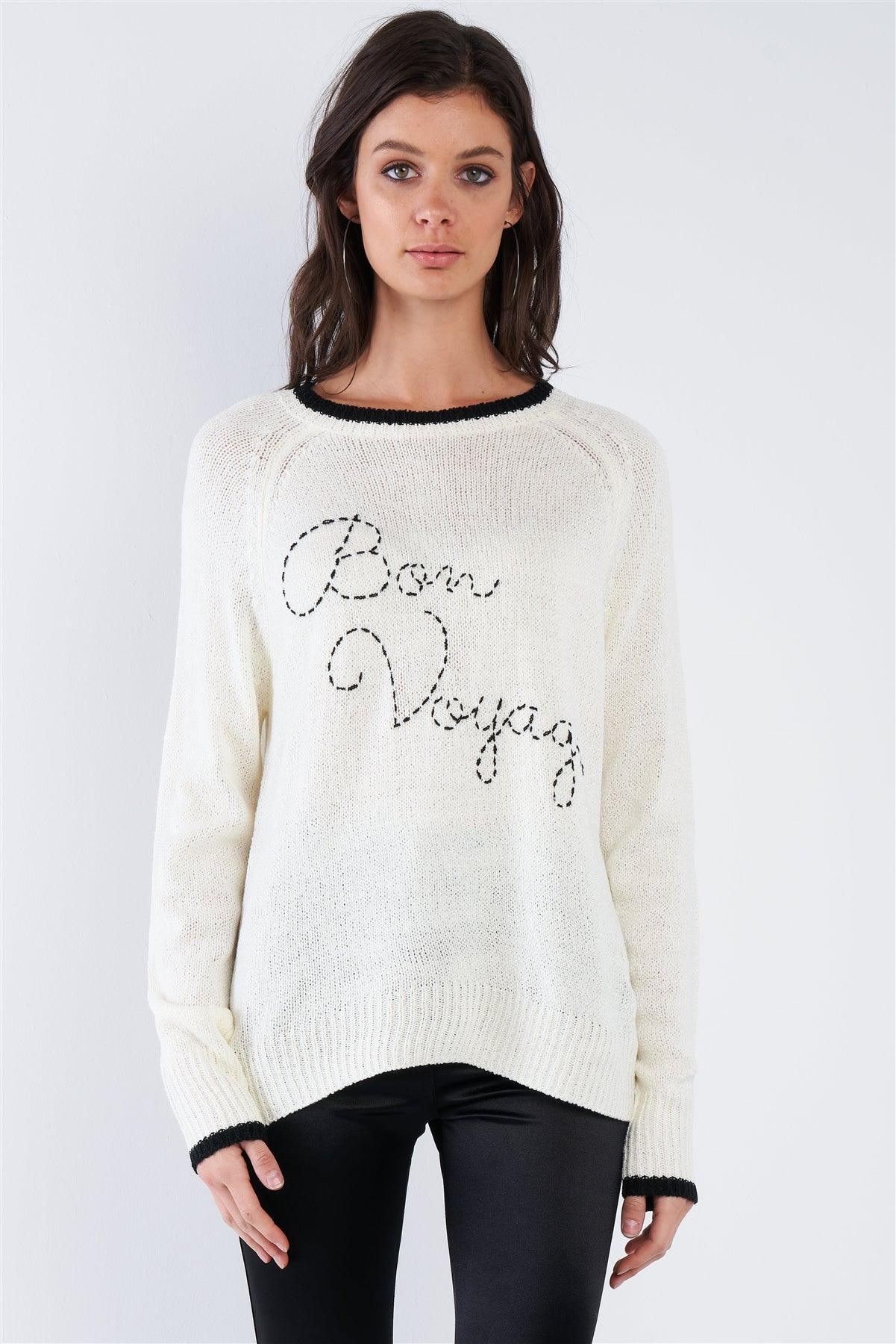 Cream White & Black Trim "Bon Voyage" Relaxed Fit Sweater /2-2-2