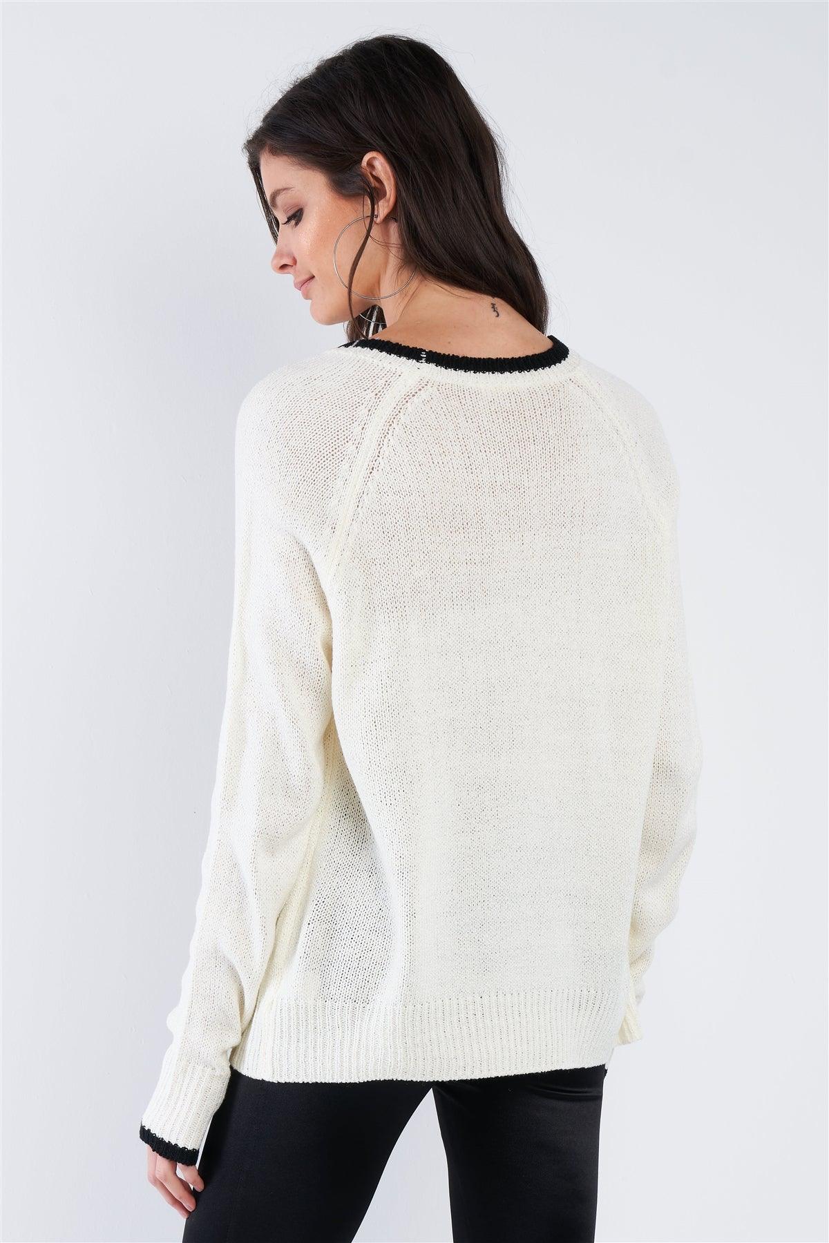 Cream White & Black Trim "Bon Voyage" Relaxed Fit Sweater /2-2-2