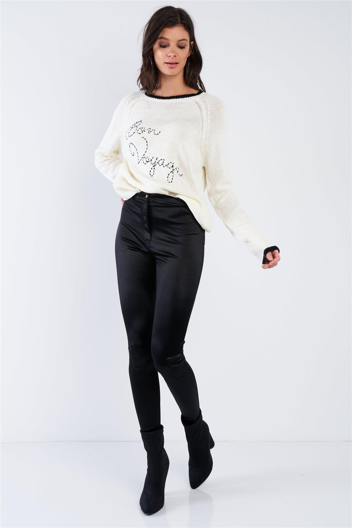 Cream White & Black Trim "Bon Voyage" Relaxed Fit Sweater /2-2-2