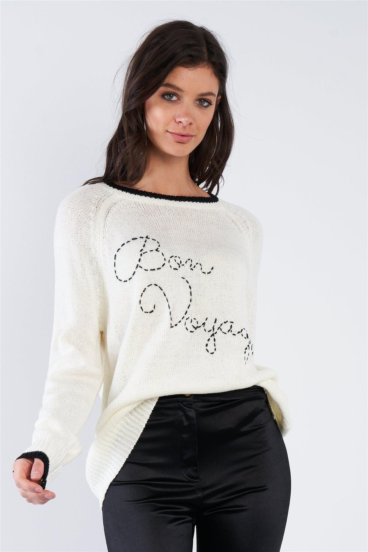 Cream White & Black Trim "Bon Voyage" Relaxed Fit Sweater /2-2-2