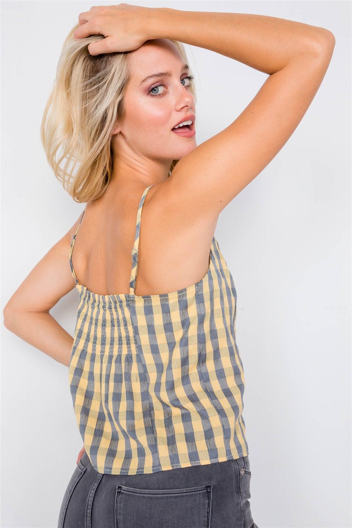 Yellow & Grey Plaid Checkered Crop V-Neck Cami   /3-2-2