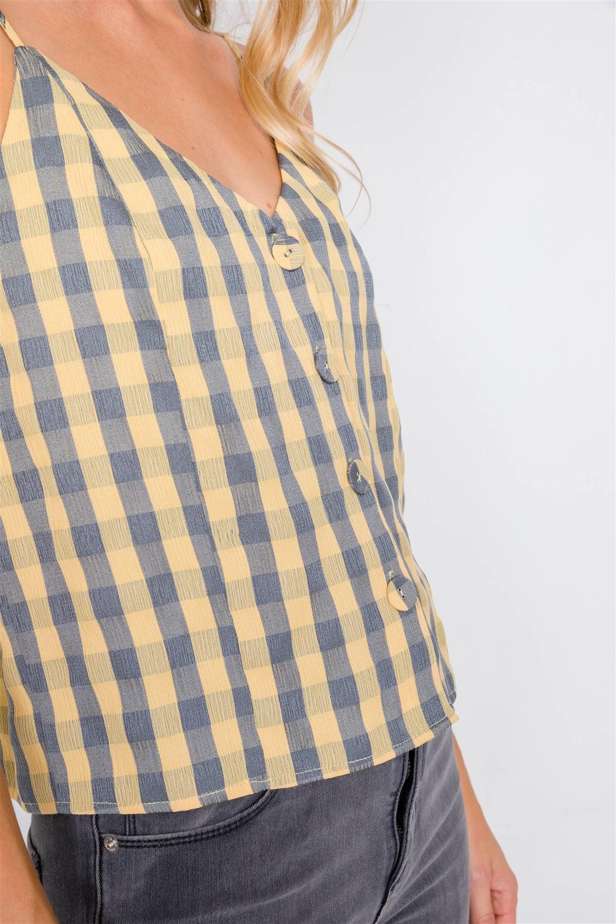 Yellow & Grey Plaid Checkered Crop V-Neck Cami   /3-2-2