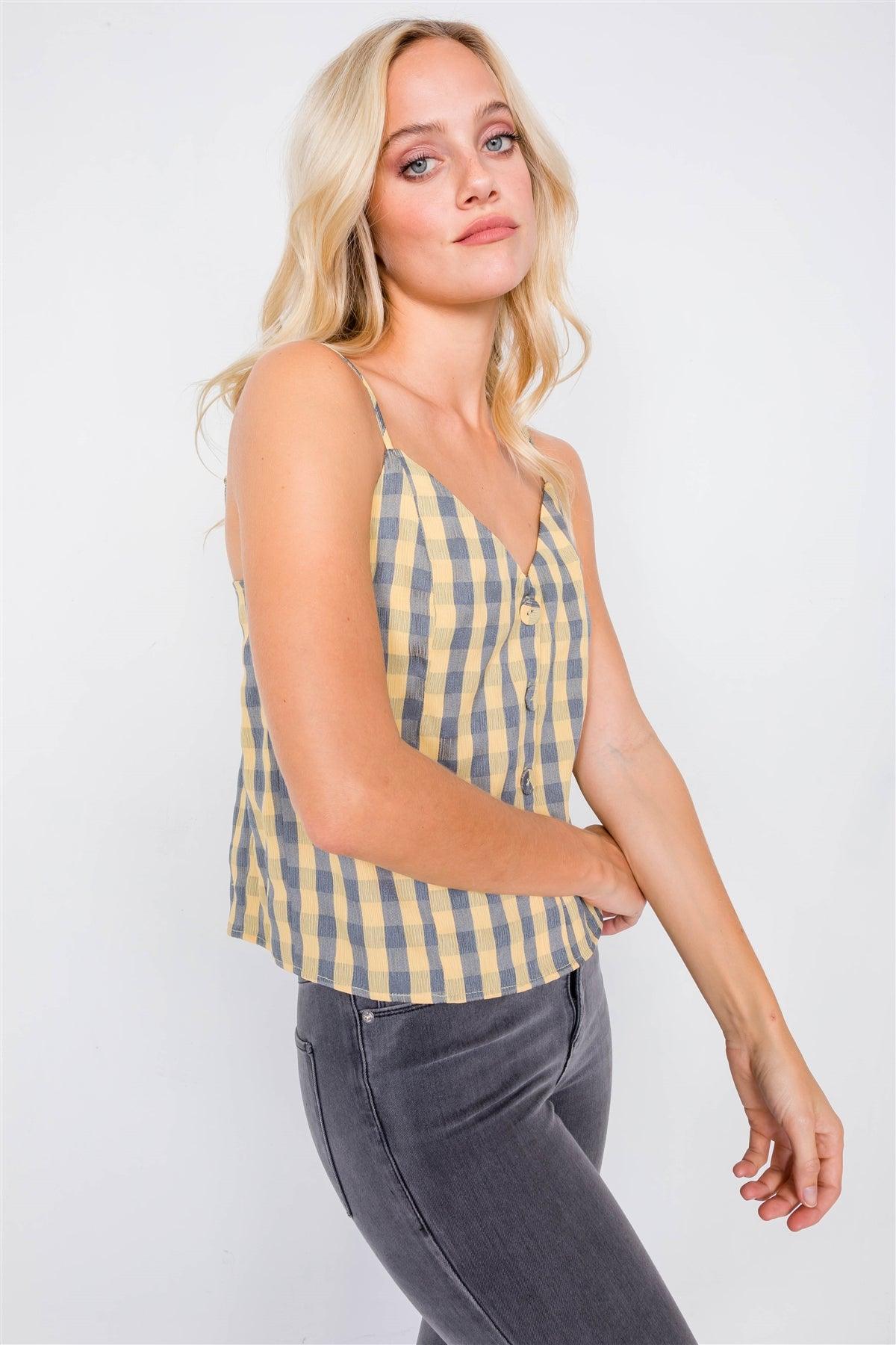 Yellow & Grey Plaid Checkered Crop V-Neck Cami   /3-2-2