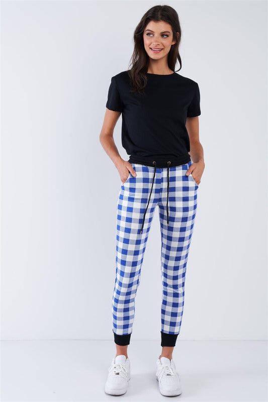 Blue And White Checkered Fitted Jogger Sweat Pants /2-2-2