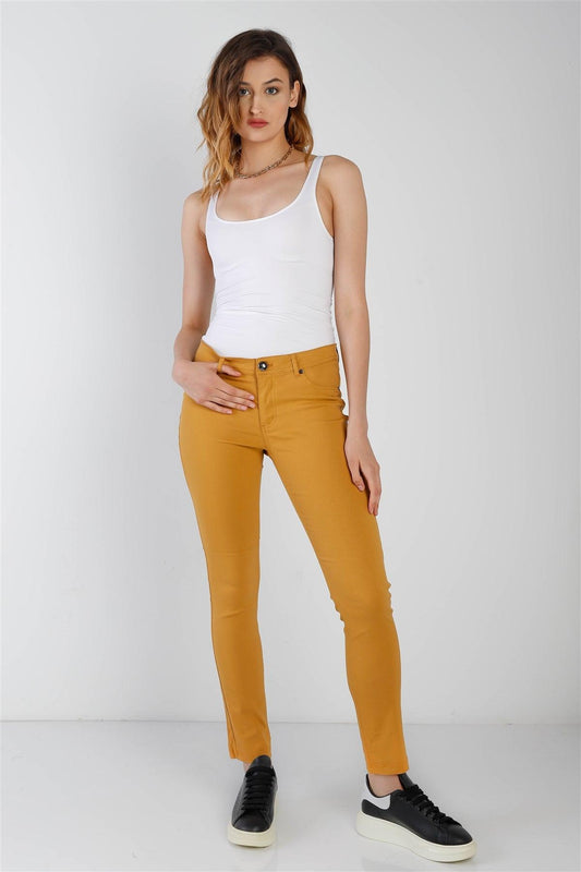 Mustard Contrast Button Mid Rise Skinny Pants /1-3-2