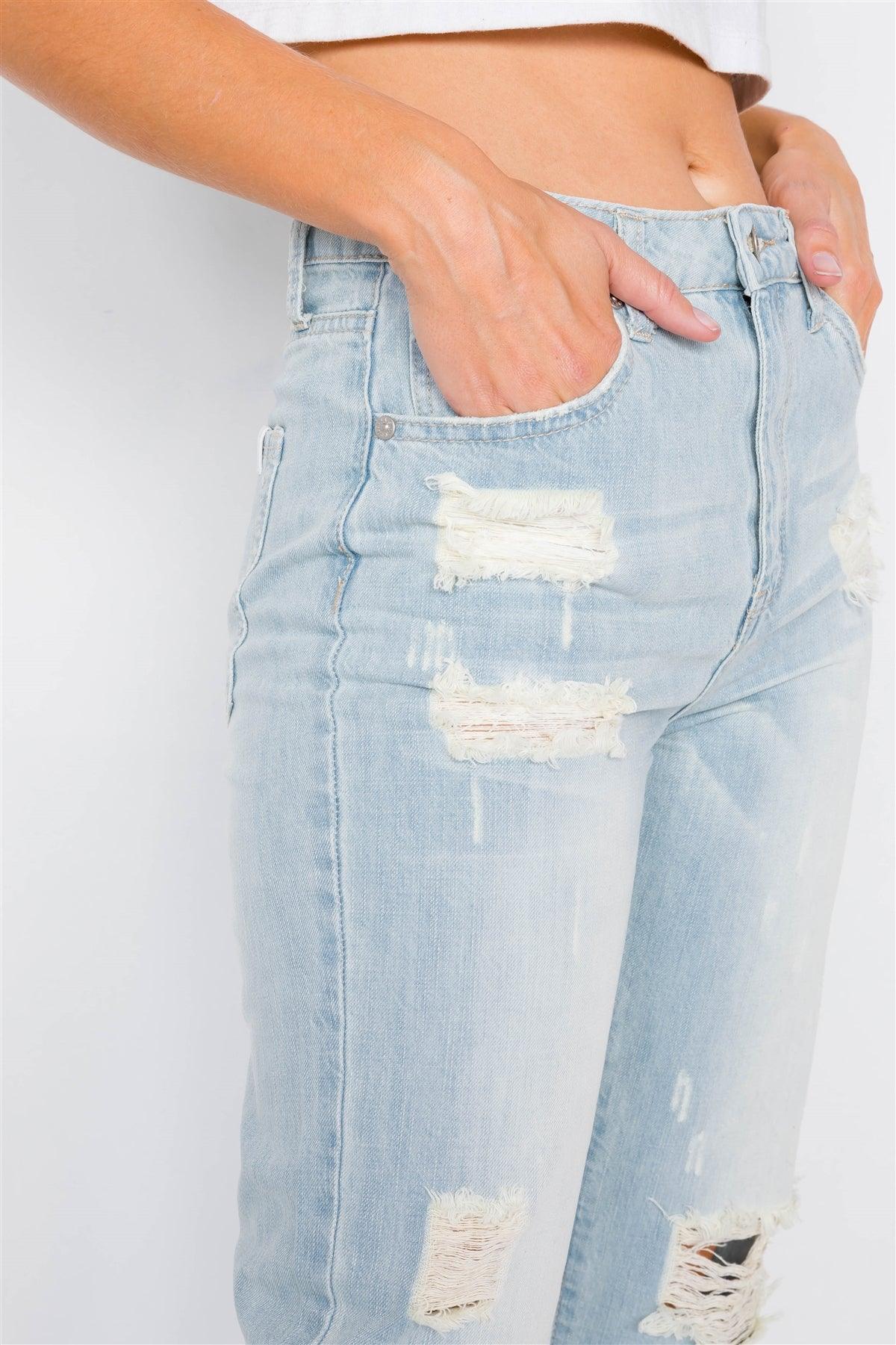 Light Denim Distressed Wide Leg Boyfriend Jeans /1-2-1