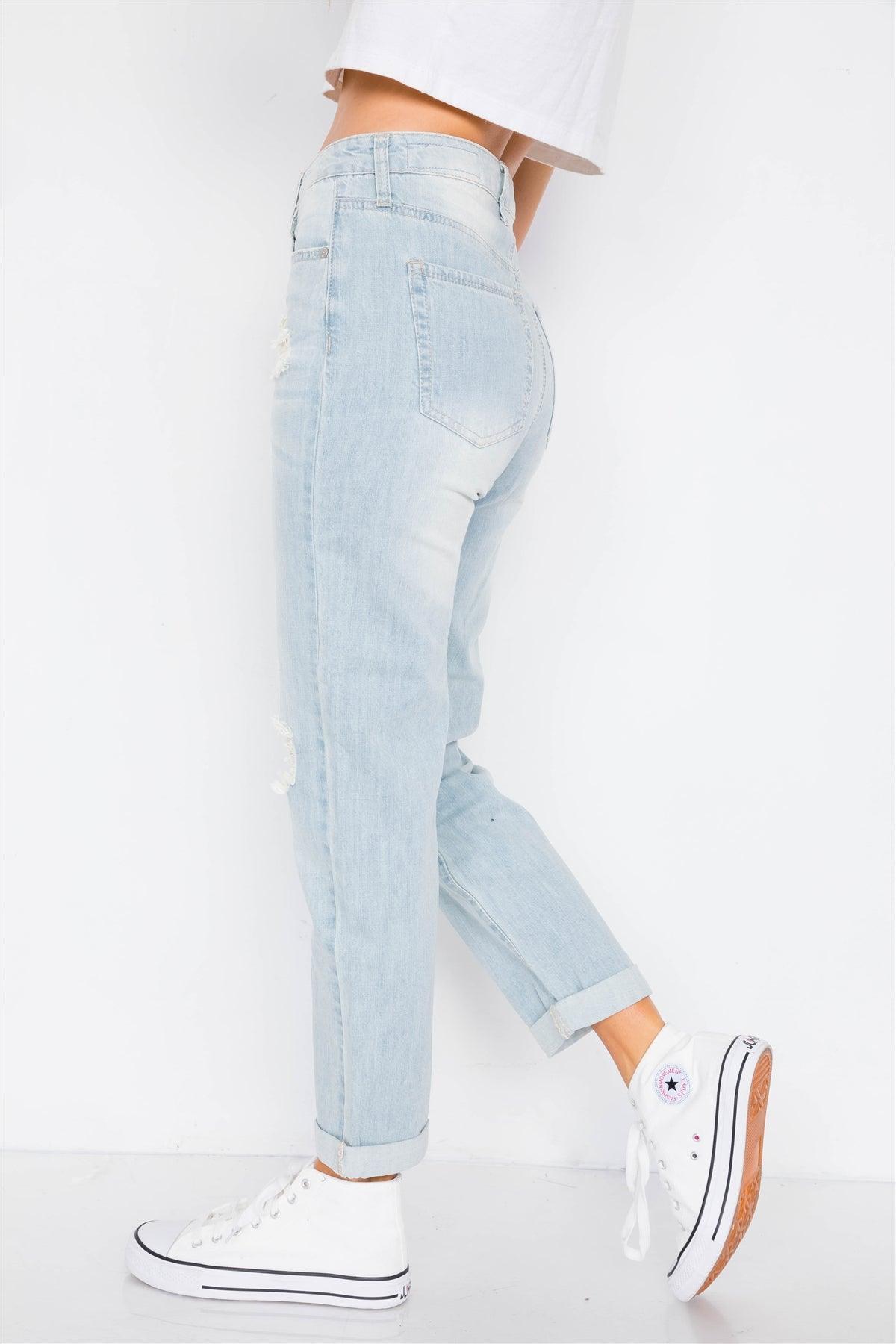 Light Denim Distressed Wide Leg Boyfriend Jeans /1-2-1