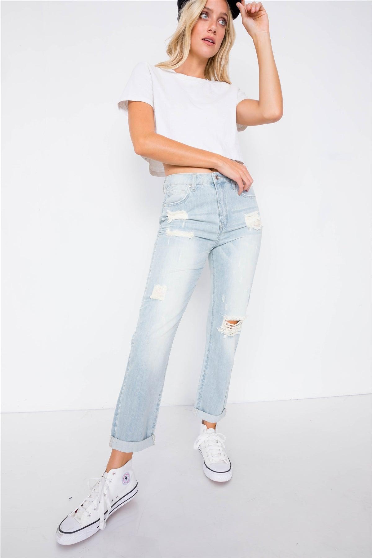 Light Denim Distressed Wide Leg Boyfriend Jeans /2-2-2