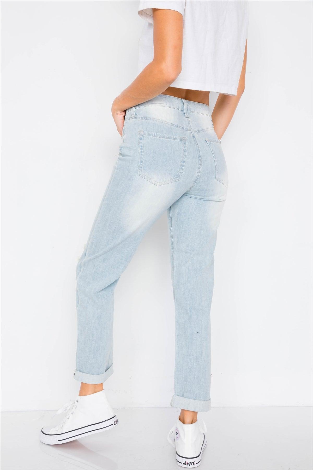 Light Denim Distressed Wide Leg Boyfriend Jeans /2-2-2