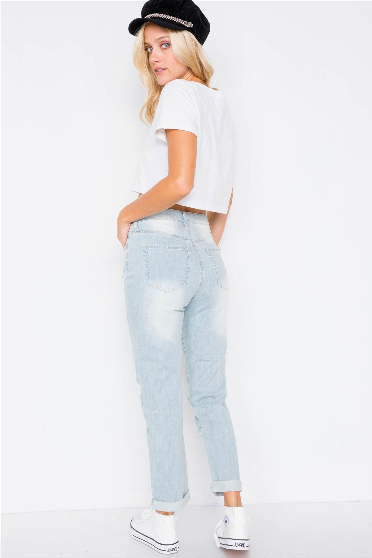 Light Denim Distressed Wide Leg Boyfriend Jeans /2-2-2