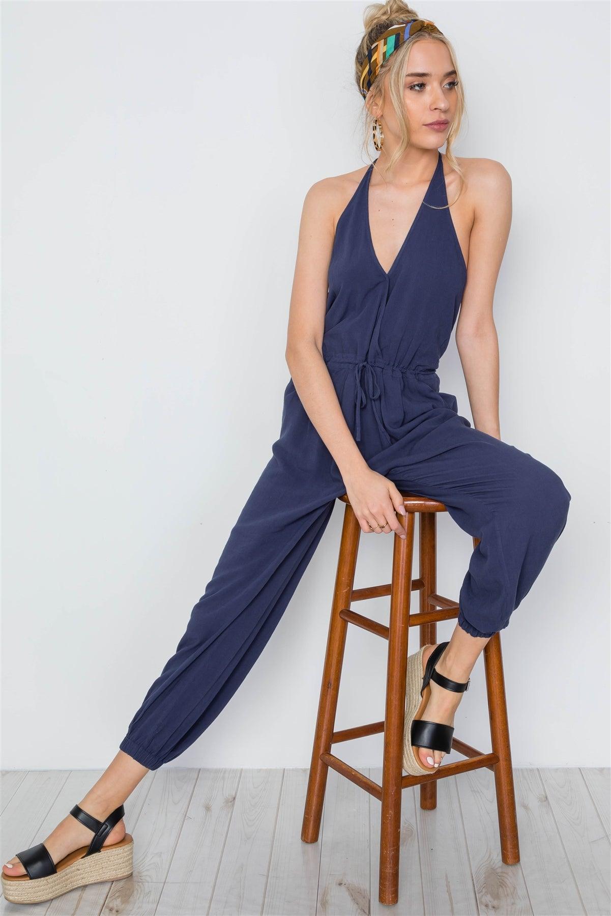 Navy Surplice Neck Open Back Casual Solid Jumpsuit /3-2-1