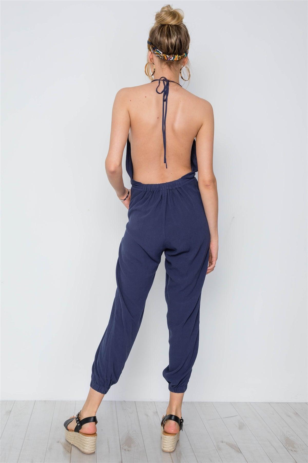 Navy Surplice Neck Open Back Casual Solid Jumpsuit /3-2-1