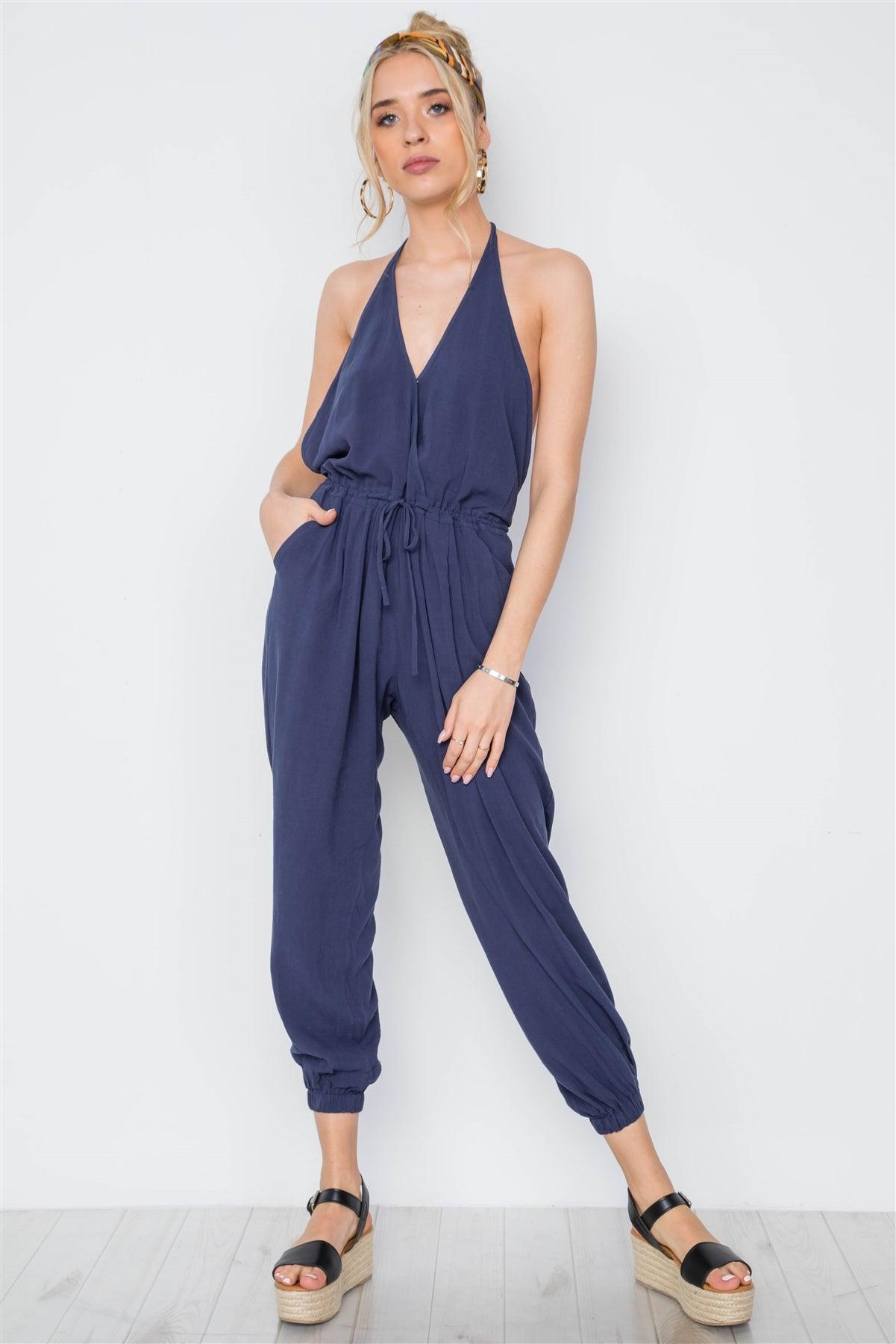 Navy Surplice Neck Open Back Casual Solid Jumpsuit /3-2-1