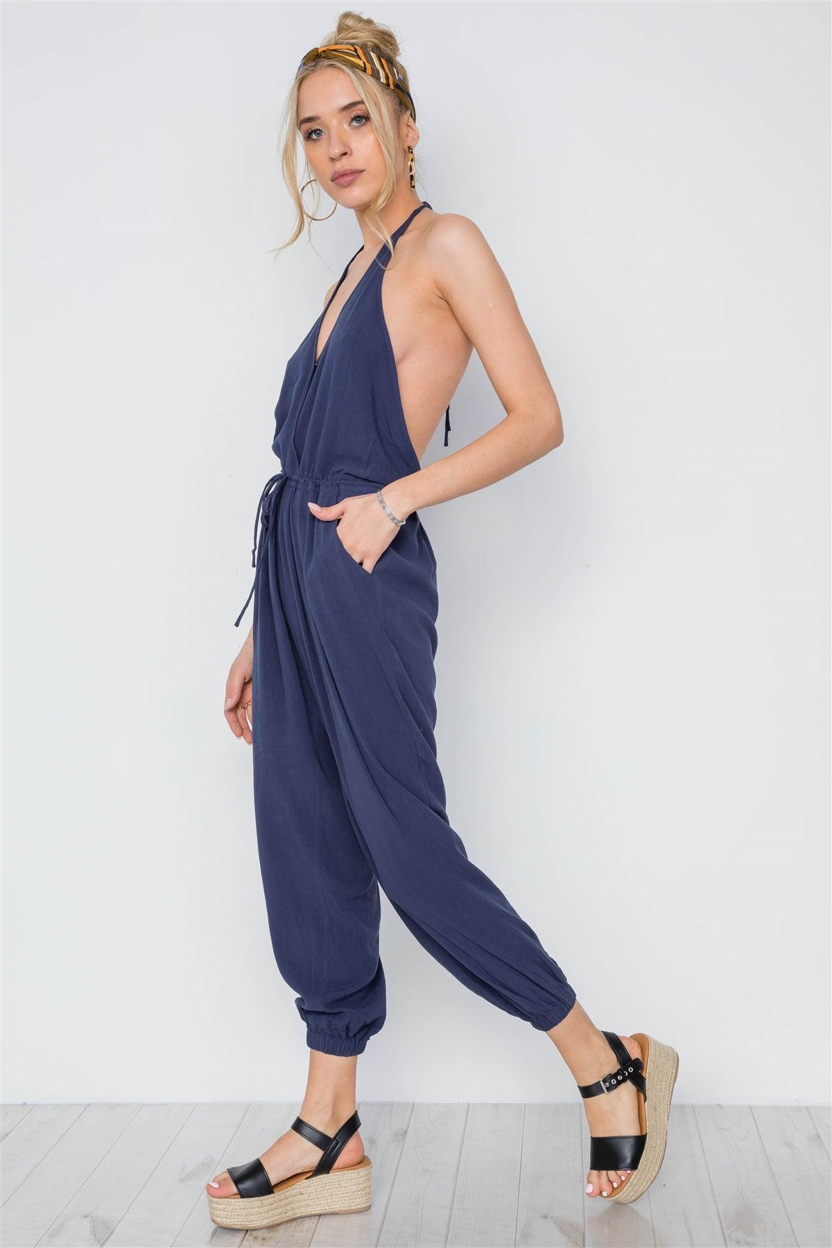 Navy Surplice Neck Open Back Casual Solid Jumpsuit /3-2-1