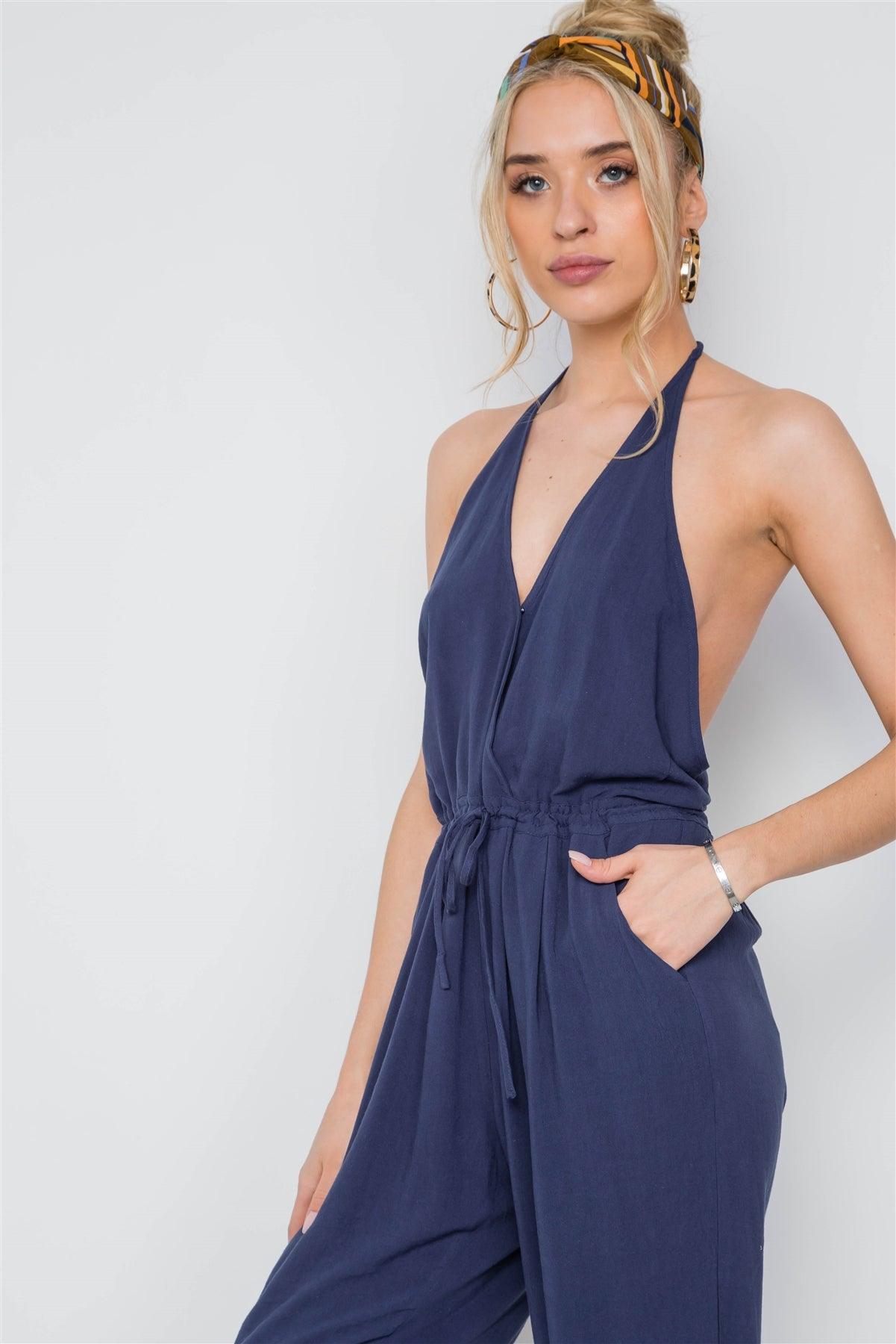 Navy Surplice Neck Open Back Casual Solid Jumpsuit /3-2-1