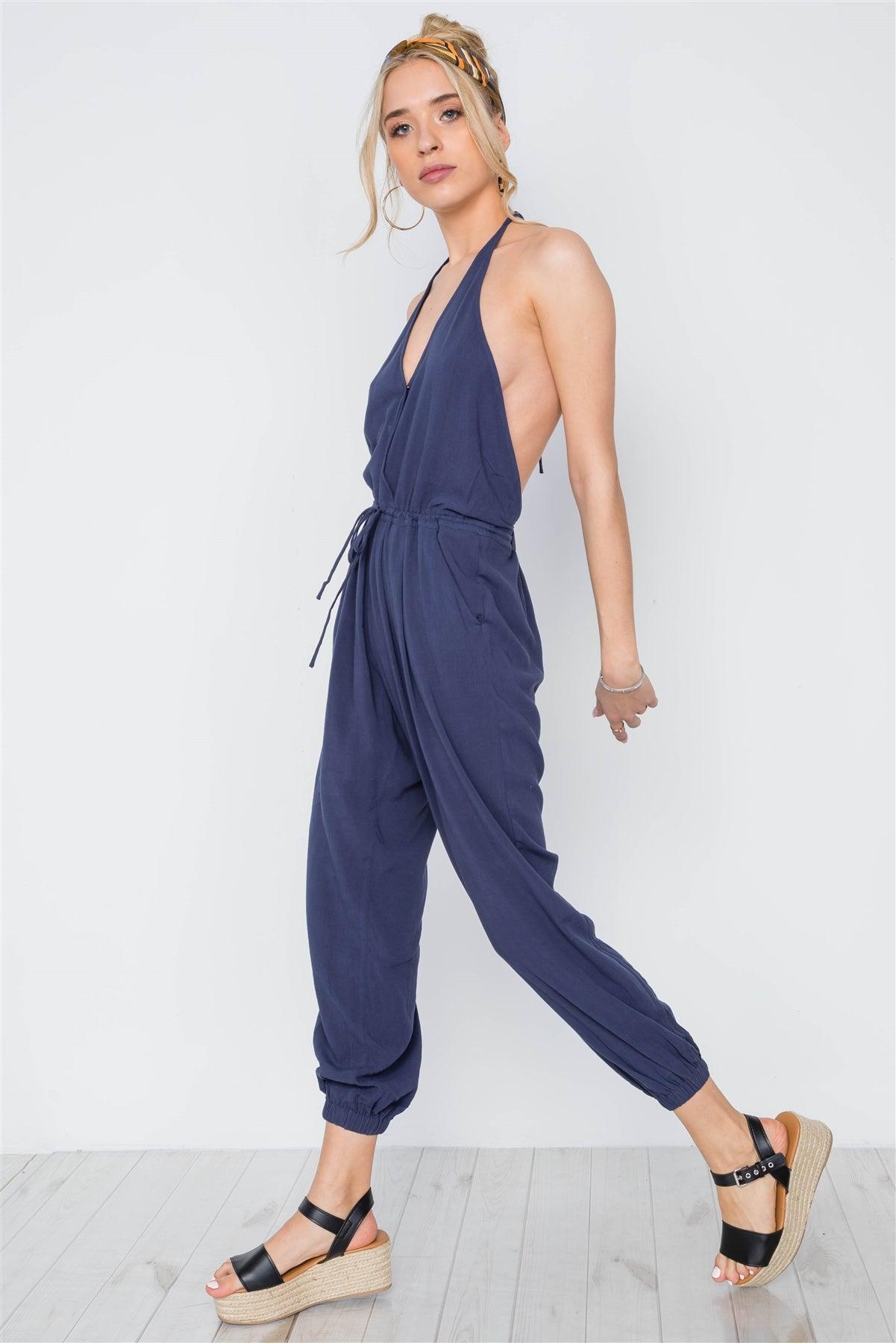 Navy Surplice Neck Open Back Casual Solid Jumpsuit /3-2-1