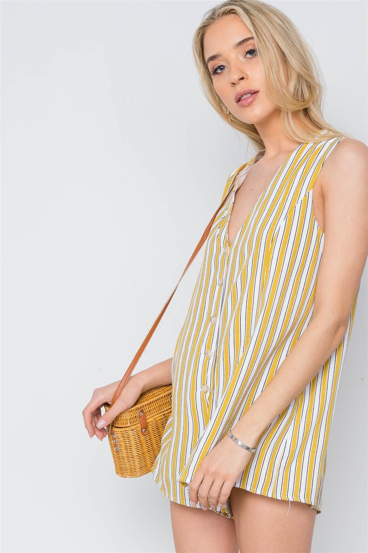 White Mustard Stripe Button Down Casual Romper /2-2-1