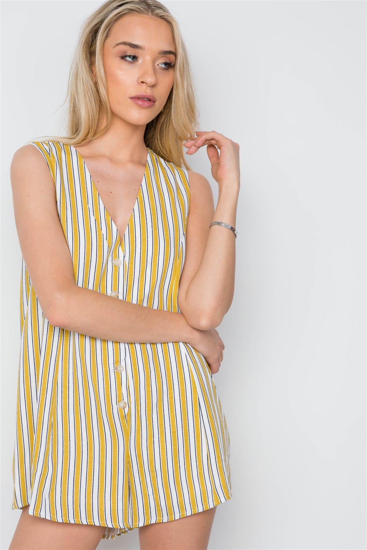 White Mustard Stripe Button Down Casual Romper /2-2-1