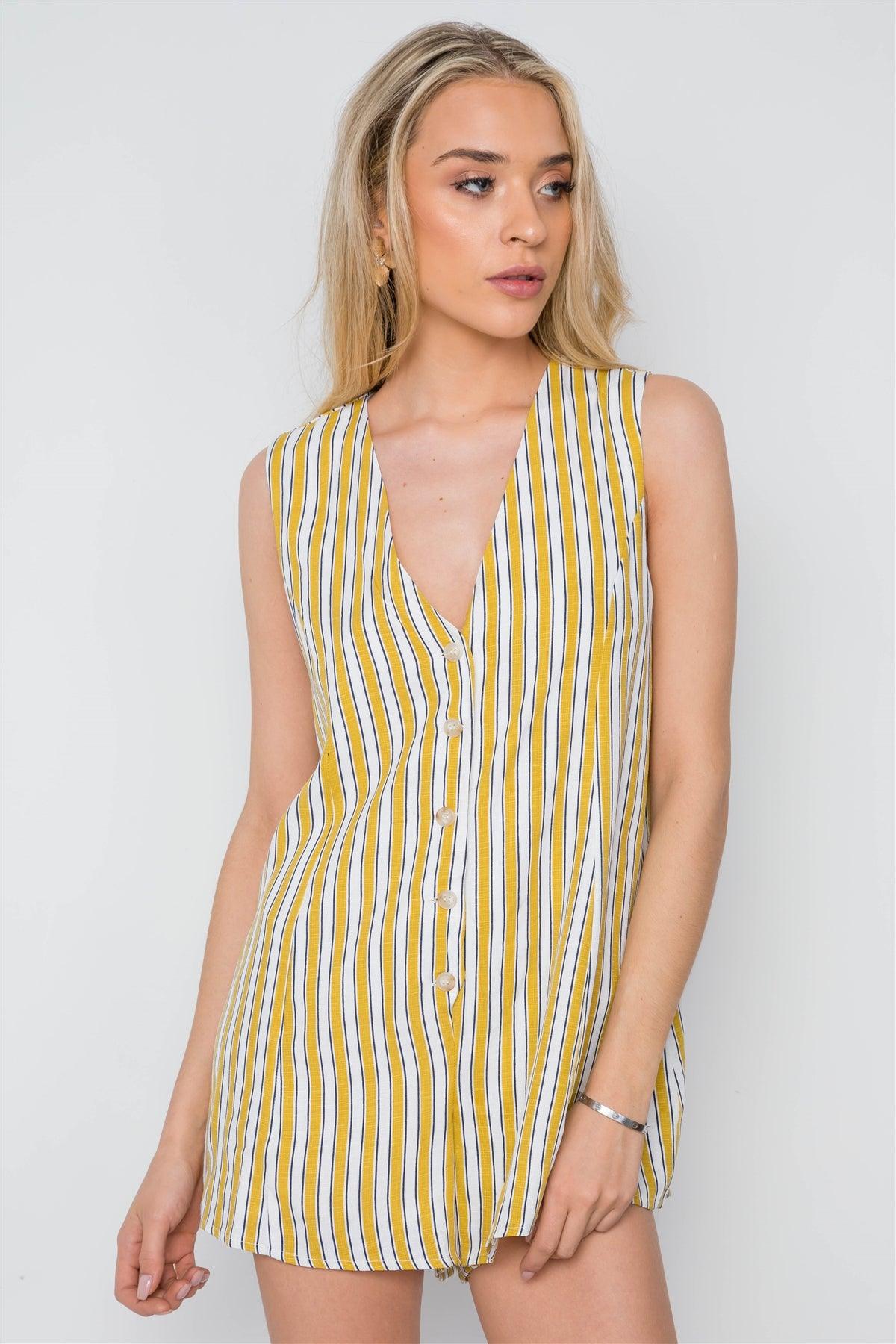 White Mustard Stripe Button Down Casual Romper /2-2-1