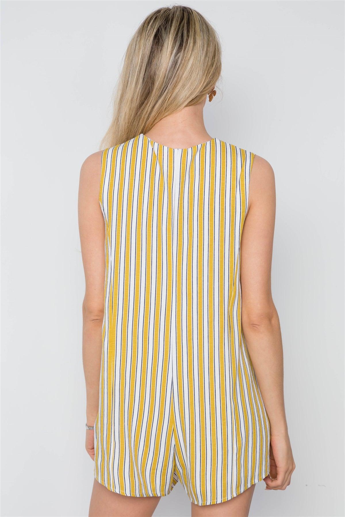 White Mustard Stripe Button Down Casual Romper /2-2-1