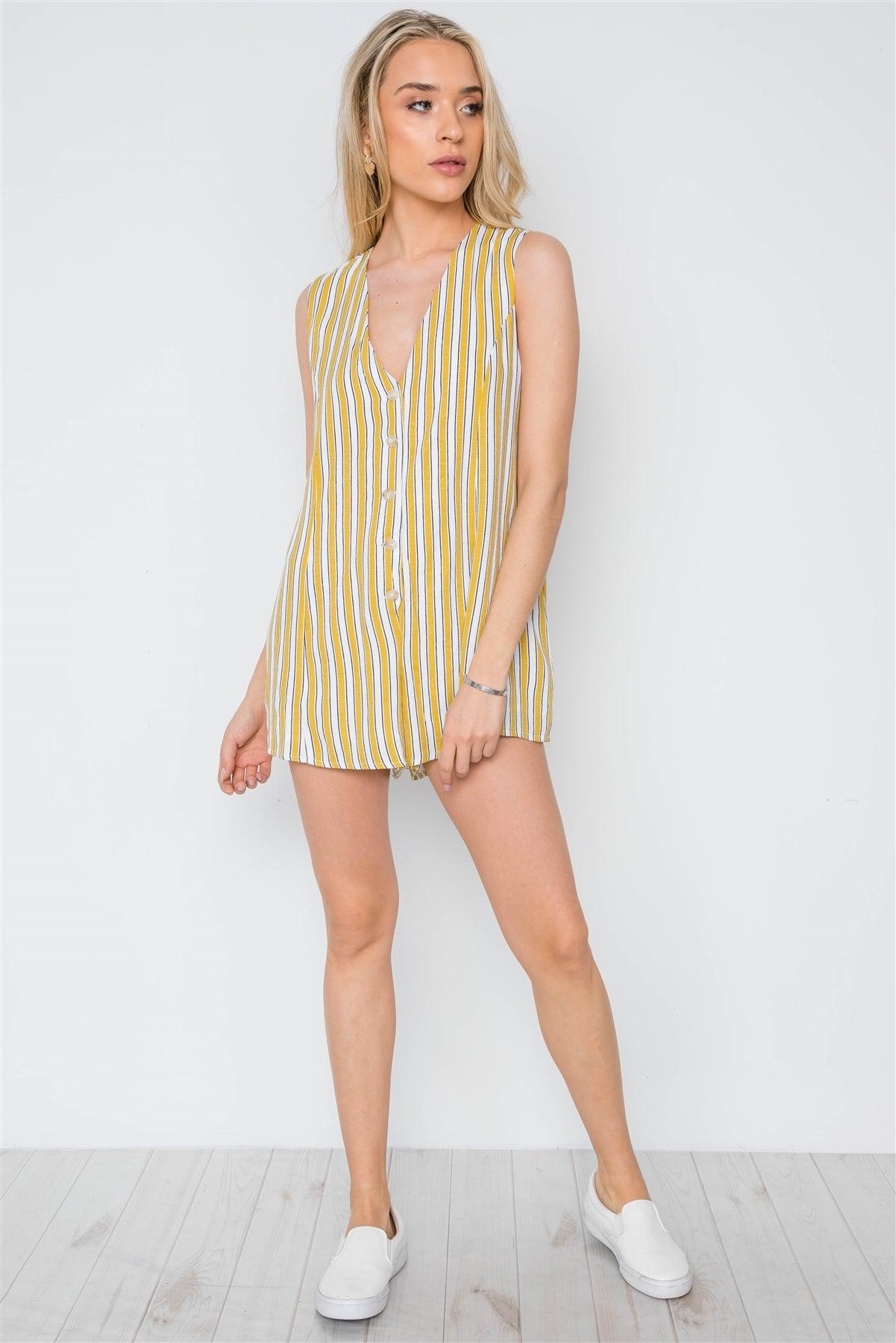 White Mustard Stripe Button Down Casual Romper /2-2-1