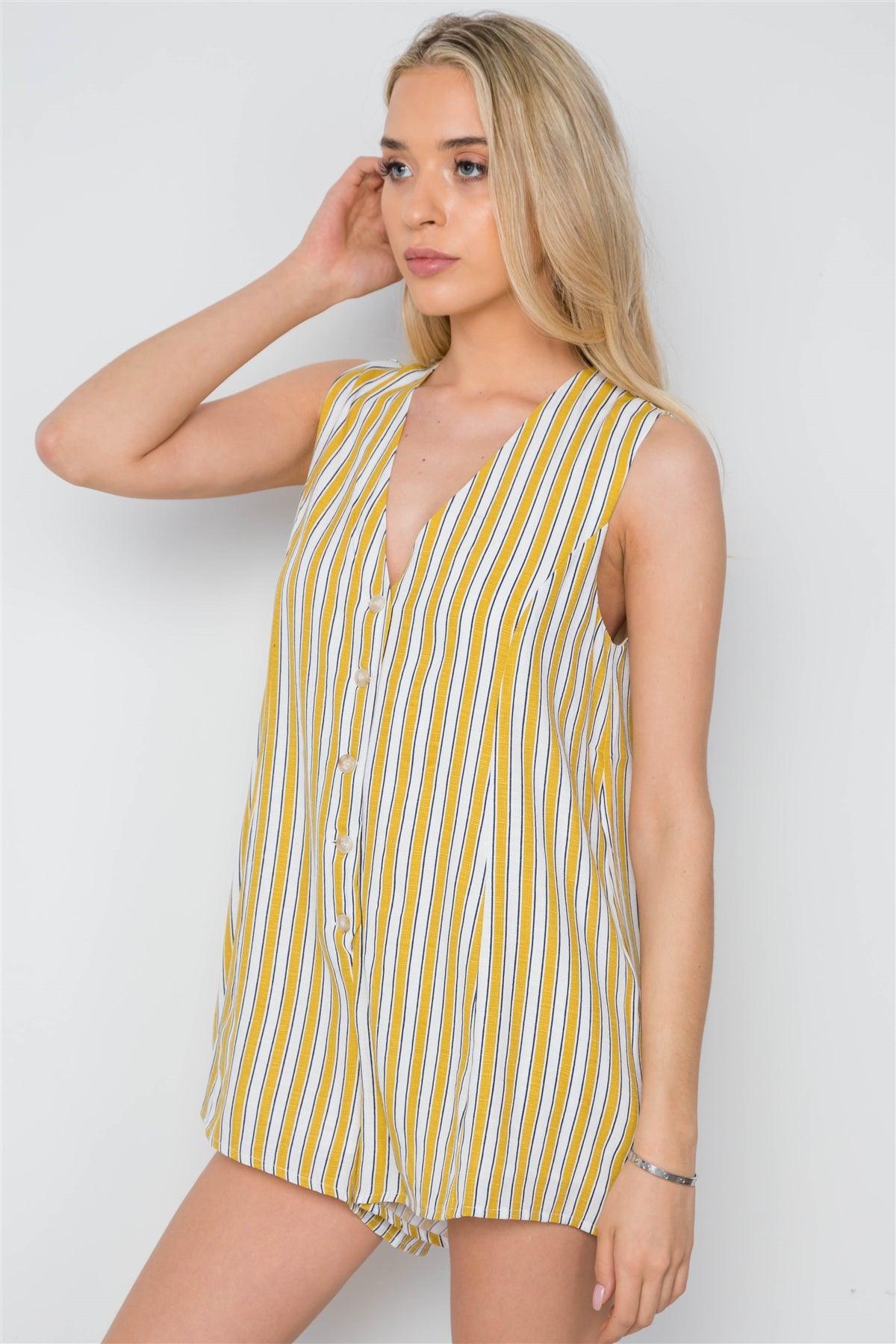 White Mustard Stripe Button Down Casual Romper /3-2-1