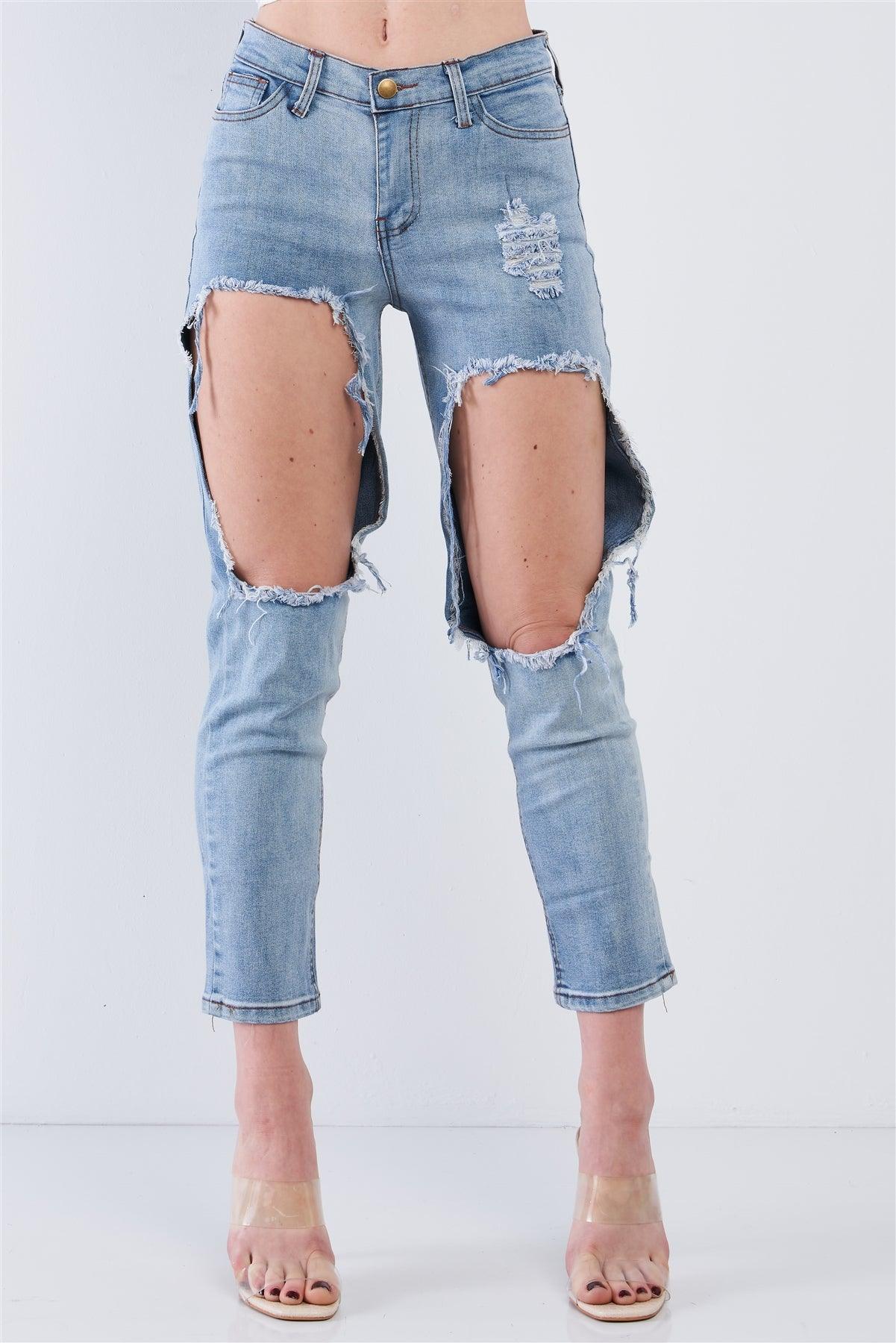 High Waisted Blue Denim Distress Cut Out Jeans