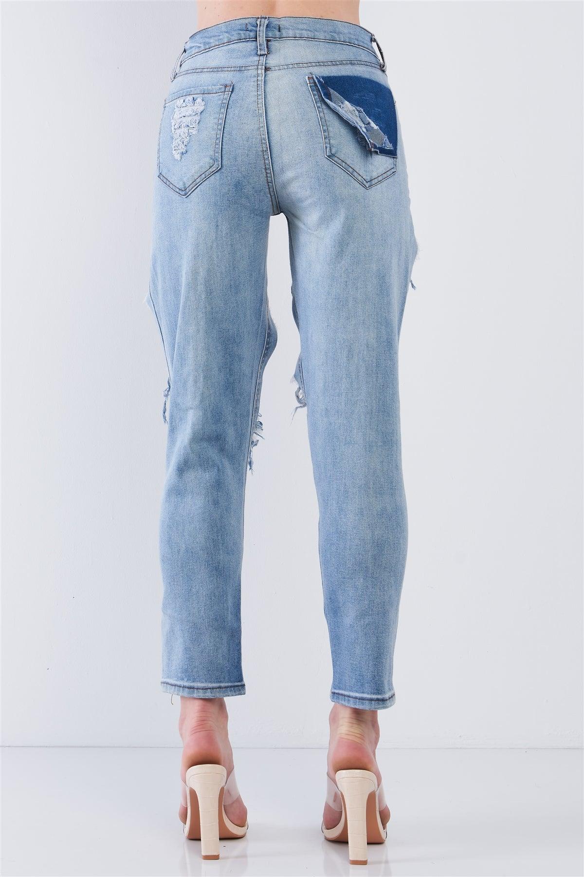 High Waisted Blue Denim Distress Cut Out Jeans