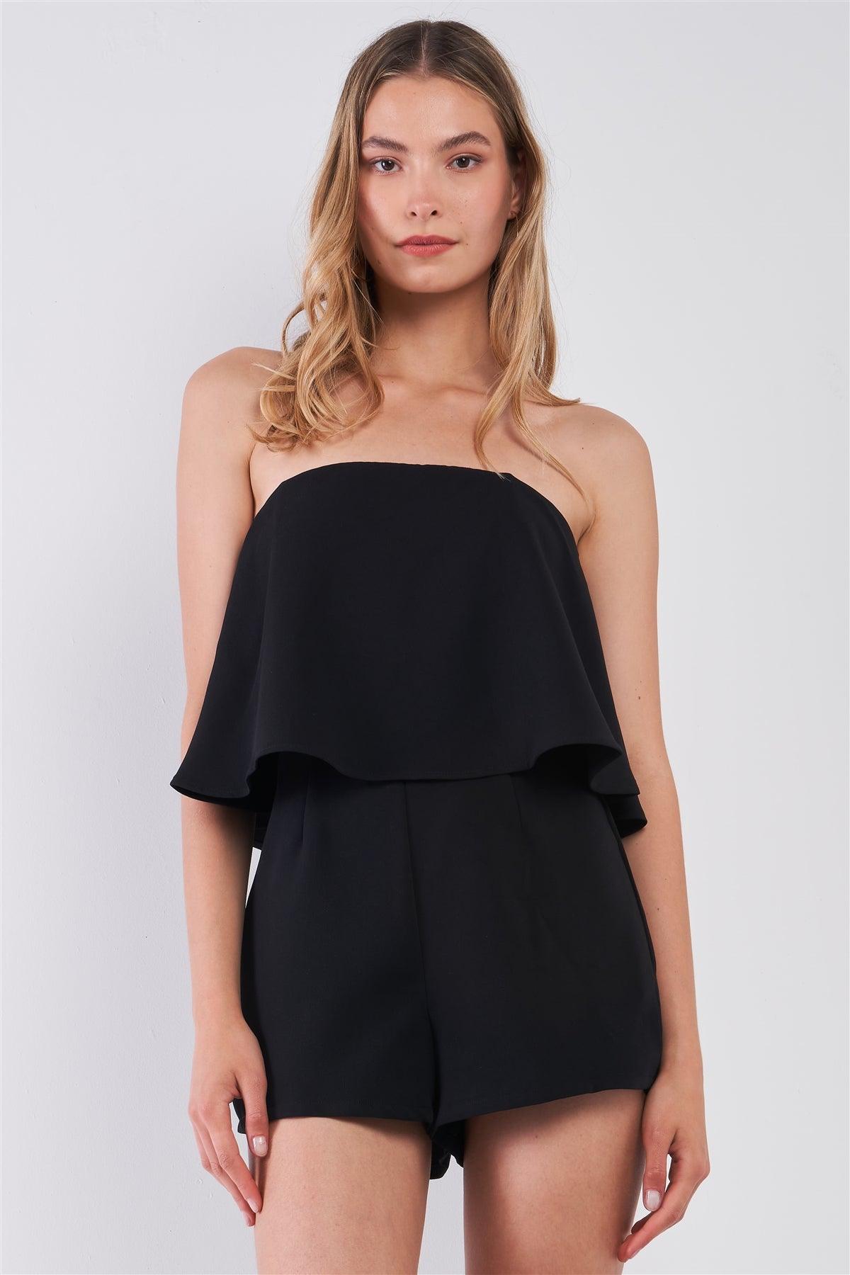 Black Strapless Layered Flare Top Fitted Romper /1-1-2-1