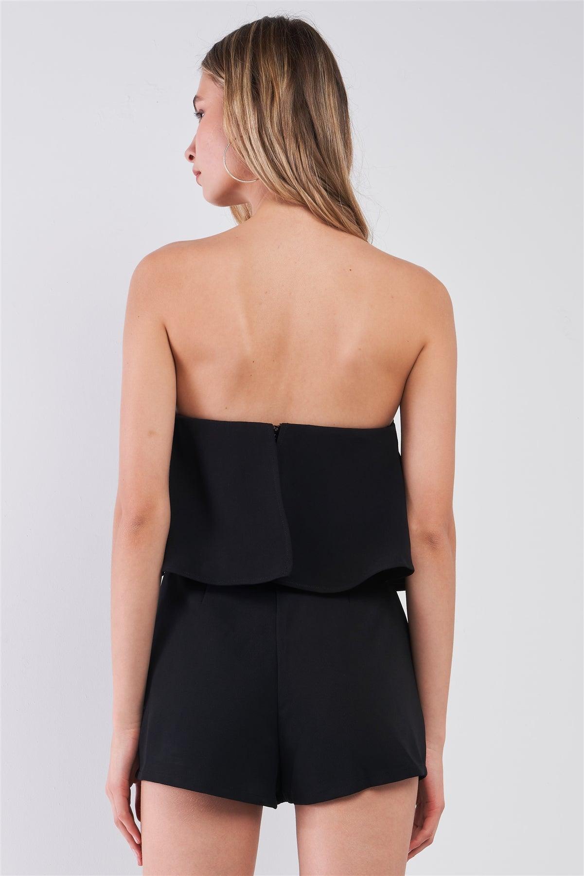 Black Strapless Layered Flare Top Fitted Romper /1-1-2-1