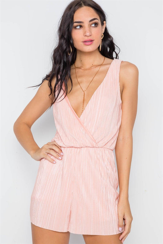 Peach Pleated Plisse Plunge Romper