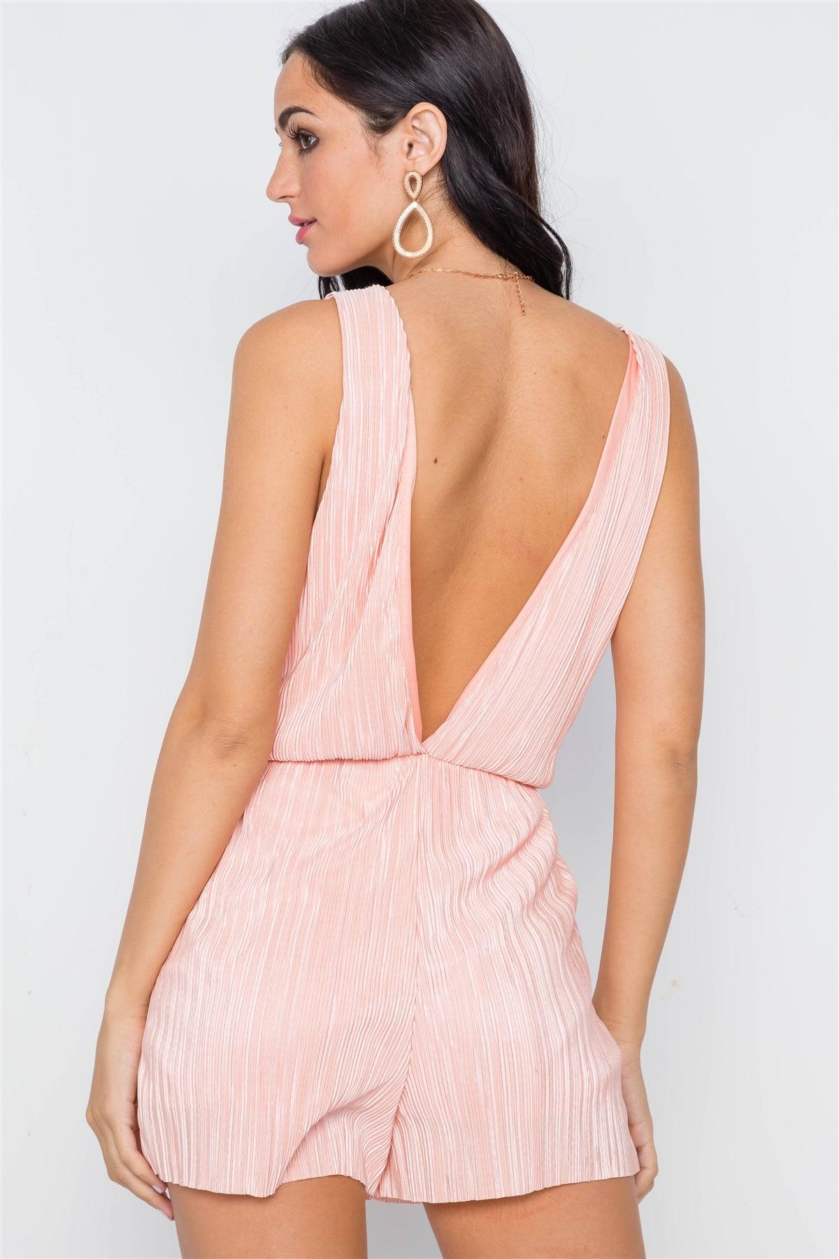 Peach Pleated Surplice Plunge Boho Romper /1-2-2