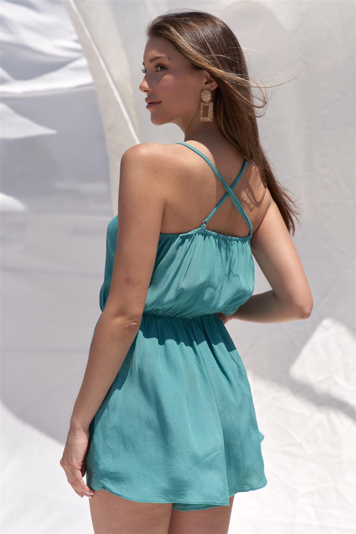 Athena Dusty Teal Greek Embroidery Velvet Hem Detail V-Neck Sleeveless Romper